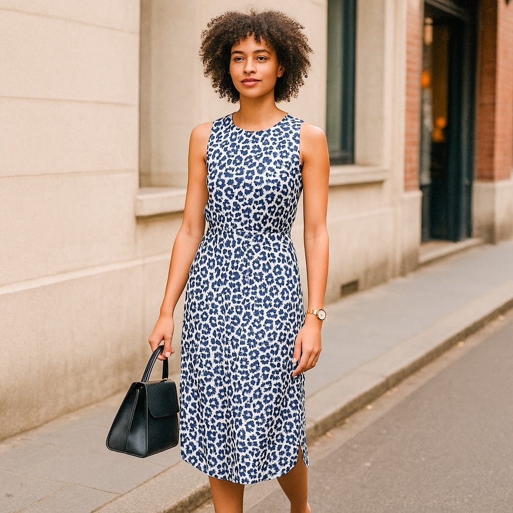 Banana Republic Women Leopard Print Midi Dress Blue White Sleeveless M NWT Chic